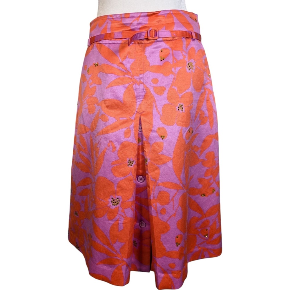 Express Design Studio Pink Orange Floral Silk Cotton Belted Midi Skirt Fits(4/6)